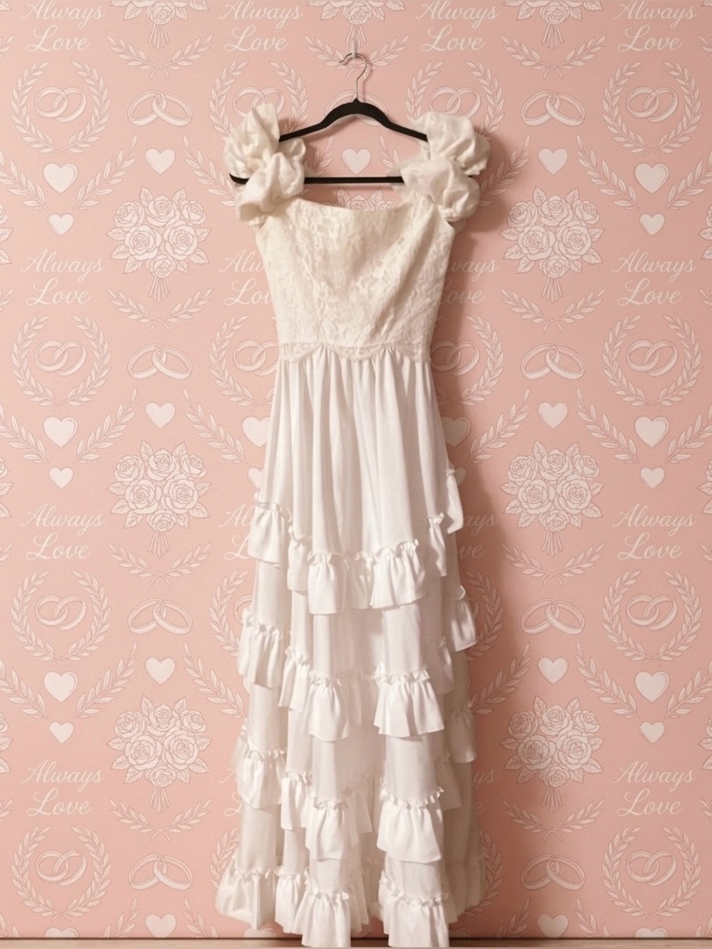 Vintage 1980s White Lace & Tiered Ruffle Wedding Dress